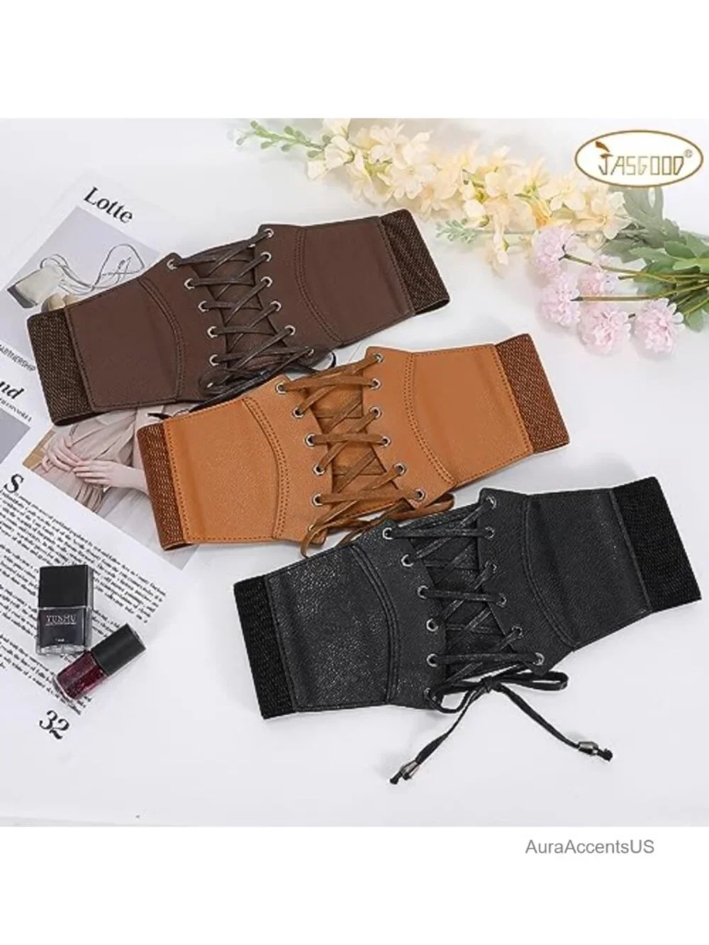 Wide Elastic Faux Leather Corset Belt Lace-up Waspie Waist Belt Women